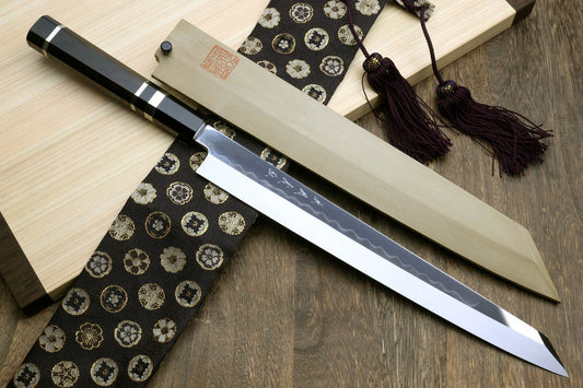 Yoshihiro Honyaki White Steel Mirror-Finished Namiukashi Yanagi Kiritsuke Sushi Sashimi Japanese Knife with Triple Nickel Silver Ring Ebony Handle