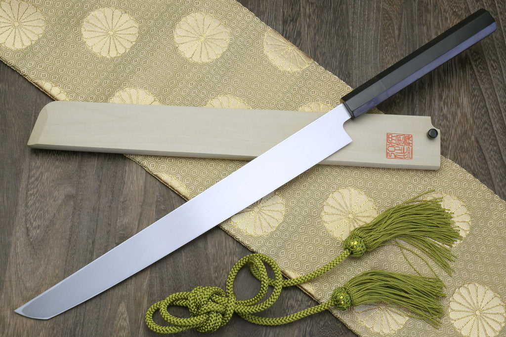 Yoshihiro Honyaki White Steel Sakimaru Takobiki Mirror Finished Sushi Sashimi Slicing Japanese Chef Knife Ebony Handle