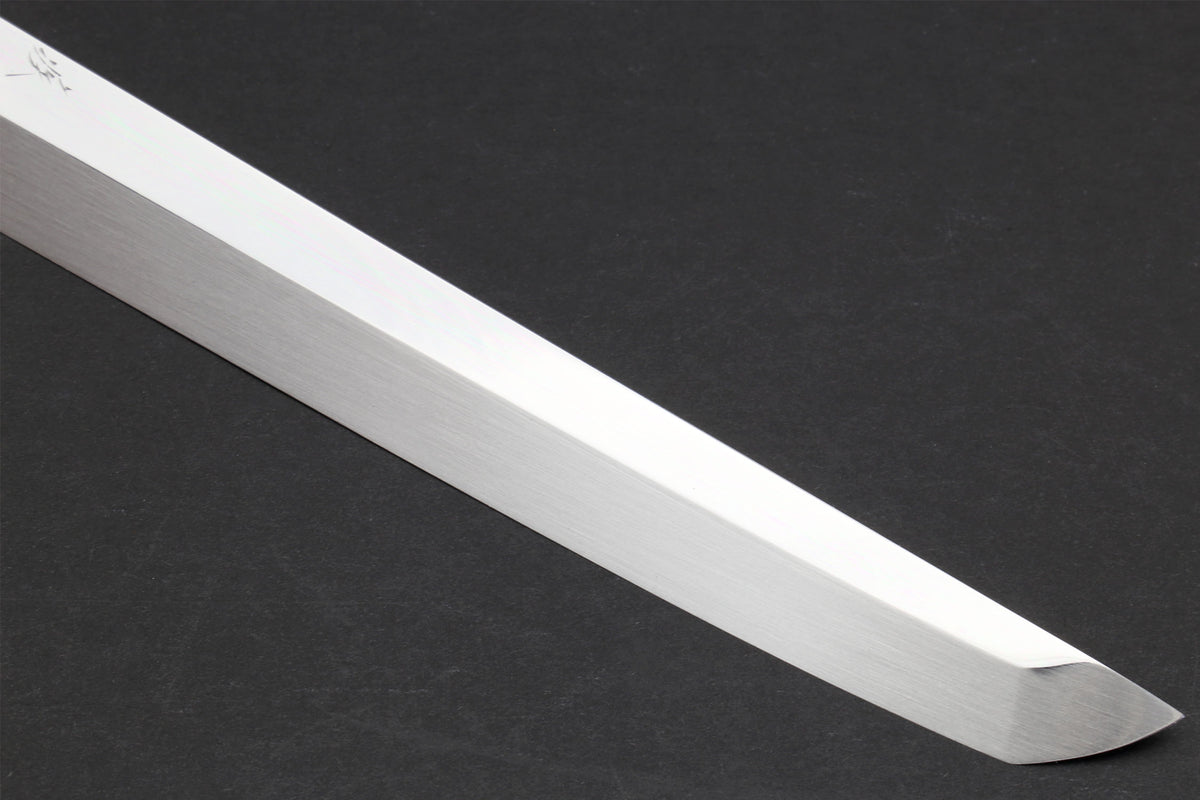 Mirror-finished sushi knife blade with pointed tip and smooth edge.