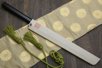 Sushi chef knife with mirror-finished blade, dark ebony handle, and green tassel cord.