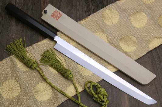 Yoshihiro Honyaki White Steel Sakimaru Takobiki Mirror Finished Sushi Sashimi Slicing Japanese Chef Knife Ebony Handle