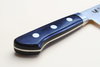 Poultry boning knife with dark blue resin handle and three rivet dots