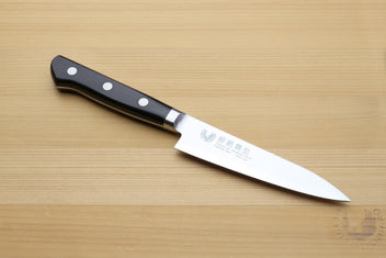 Stain-resistant petty utility knife with dark handle and white steel 120mm blade