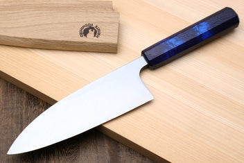 Japanese deba chef knife with stainless blade and dark blue handle