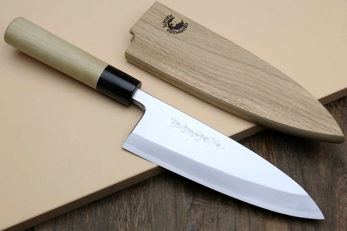Fish fillet deba knife with white steel blade, light magnolia handle, black ferrule