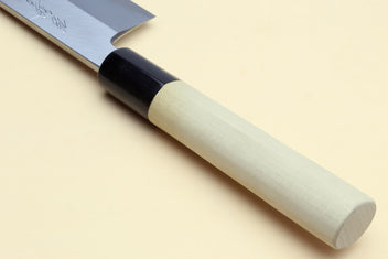 Japanese vegetable chef knife with light wood handle and dark blade, black end collar.