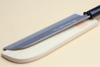 Japanese vegetable chef knife with dark steel blade and light wood handle, black collar.