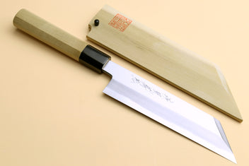 Japanese chef knife with pale wood handle, black collar, white steel vegetable blade