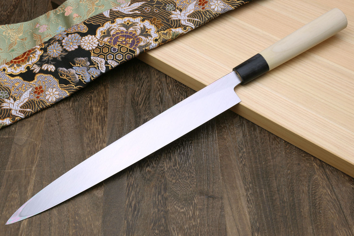 Yoshihiro Kasumi yanagi sashimi knife with white steel blade and black magnolia handle