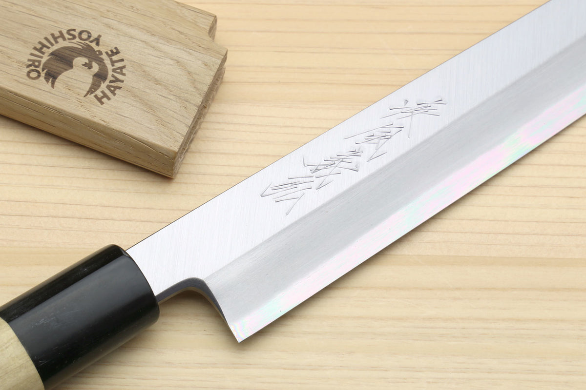 Yoshihiro Kasumi yanagi sashimi knife, white steel blade with etched marks, black handle