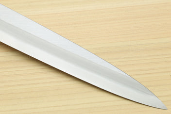 Yanagi sashimi knife blade in white steel with tapered edge and pointed tip