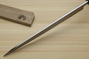 Yanagi sashimi knife with long white steel blade and pointed tip on wooden sheath