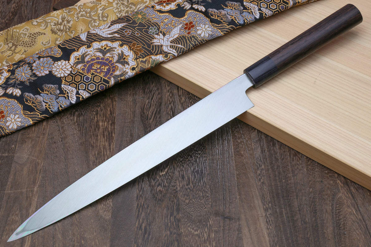 Yanagi sushi knife with white steel blade and rosewood handle