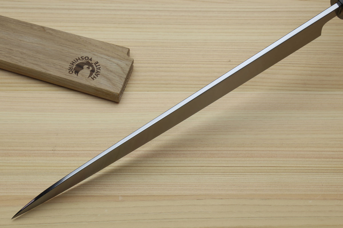 Japanese yanagi knife with rosewood handle and wooden storage saya