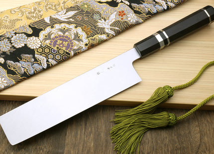 Yoshihiro Mizu Honyaki High Carbon White Steel #2 Mirror-Polished Namiukashi Edo Usuba  Japanese Traditional Vegetable Knife Triple Silver Ring Ebony Handle