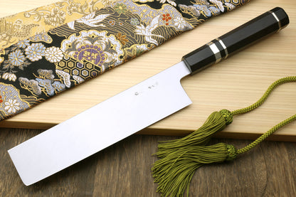 Yoshihiro Mizu Honyaki High Carbon White Steel #2 Mirror-Polished Namiukashi Edo Usuba  Japanese Traditional Vegetable Knife Triple Silver Ring Ebony Handle