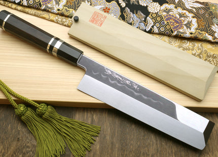 Yoshihiro Mizu Honyaki High Carbon White Steel #2 Mirror-Polished Namiukashi Edo Usuba  Japanese Traditional Vegetable Knife Triple Silver Ring Ebony Handle