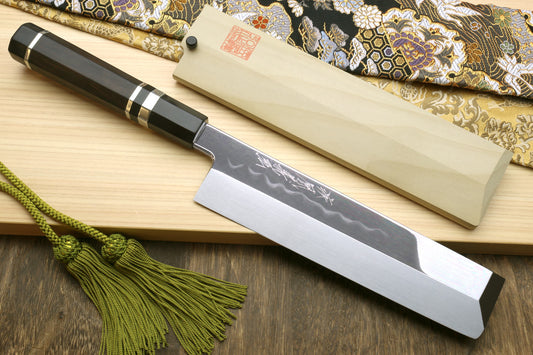 Yoshihiro Mizu Honyaki High Carbon White Steel #2 Mirror-Polished Namiukashi Edo Usuba  Japanese Traditional Vegetable Knife Triple Silver Ring Ebony Handle