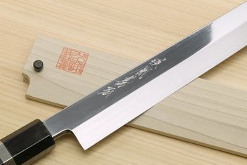 Yanagi-kiritsuke sushi knife with ebony handle and mirror-finished blue steel blade