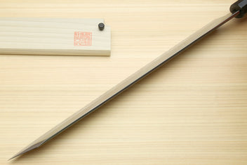 Yanagi-kiritsuke sushi knife with long mirror-finished blade and ebony handle