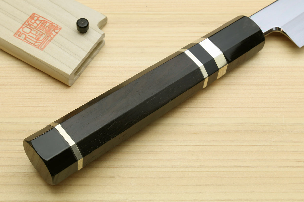 Yanagi-kiritsuke knife with ebony handle, sterling silver ring, and mirror blade
