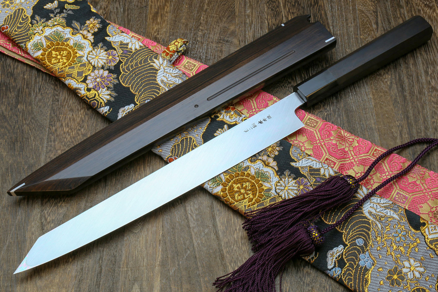 Yoshihiro Mizu Honyaki Mirror-Finished Namiukashi White Steel #2 Yanagi Kiritsuke Sushi Sashimi Japanese Knife Ebony Handle and Saya