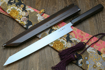 Japanese sushi knife with long mirror-finished white steel blade in black saya