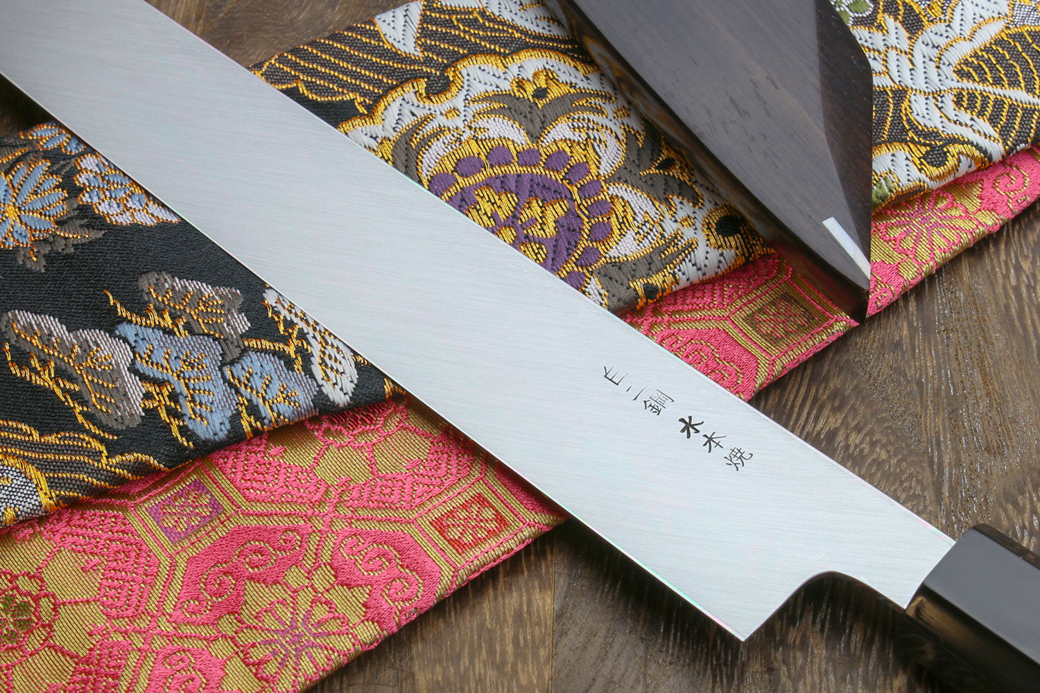 Yoshihiro Mizu Honyaki Mirror-Finished Namiukashi White Steel #2 Yanagi Kiritsuke Sushi Sashimi Japanese Knife Ebony Handle and Saya