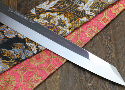 Yoshihiro Mizu Honyaki Mirror-Finished Namiukashi White Steel #2 Yanagi Kiritsuke Sushi Sashimi Japanese Knife Ebony Handle and Saya