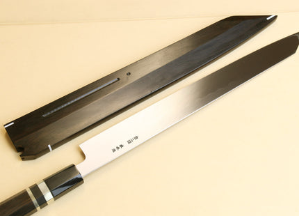 Yoshihiro Mizu Honyaki Mirror-Finished Namiukashi White Steel #2 Yanagi Kiritsuke Sushi Sashimi Japanese Knife Triple Nickel Silver Ring Ebony Handle and Saya