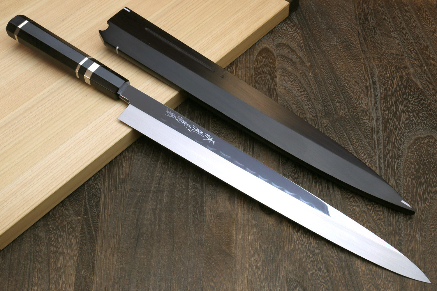 Yoshihiro Mizu Honyaki Mirror-Finished Namiukashi White Steel #2 Yanagi Sushi Sashimi Japanese Knife Triple Nickel Silver Ring Ebony Handle and Premium Ebony Saya