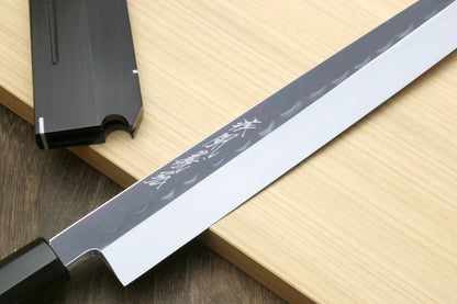 Yoshihiro Mizu Honyaki Mirror-Finished Namiukashi White Steel #2 Yanagi Sushi Sashimi Japanese Knife Triple Nickel Silver Ring Ebony Handle and Premium Ebony Saya