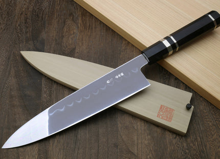 Yoshihiro Mizu Honyaki Shiroko White Steel #2 Mirror Polished Namiukashi Gyuto Japanese Chef Knife with Triple Nickel Silver Ring Ebony Handle