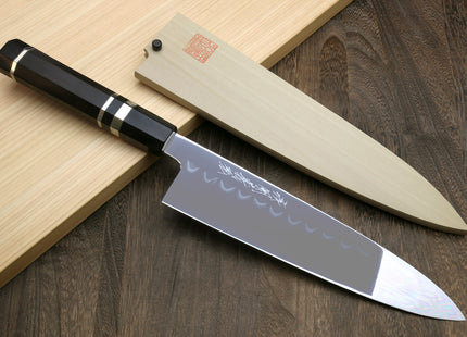 Yoshihiro Mizu Honyaki Shiroko White Steel #2 Mirror Polished Namiukashi Gyuto Japanese Chef Knife with Triple Nickel Silver Ring Ebony Handle