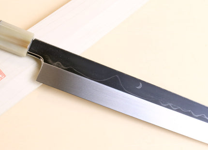 Yoshihiro Mizu Honyaki White Steel #1 Mirror-Finished MT. Fuji with Crescent Moon Yanagi Ebony Handle with Triple Nickel Silver Ring