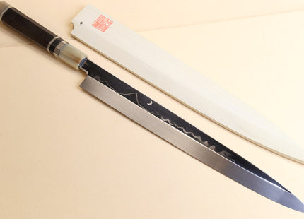 Yoshihiro Mizu Honyaki White Steel #1 Mirror-Finished MT. Fuji with Crescent Moon Yanagi Ebony Handle with Triple Nickel Silver Ring