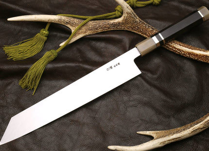 Yoshihiro Mizu Honyaki White Steel #1 Mirror Polished Mt. Fuji with Crescent Moon Kiritsuke with Oct. Ebony Triple Nickel Silver Ring Handle and Ebony Saya