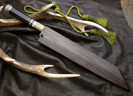 Yoshihiro Mizu Honyaki White Steel #1 Mirror Polished Mt. Fuji with Crescent Moon Kiritsuke with Oct. Ebony Triple Nickel Silver Ring Handle and Ebony Saya