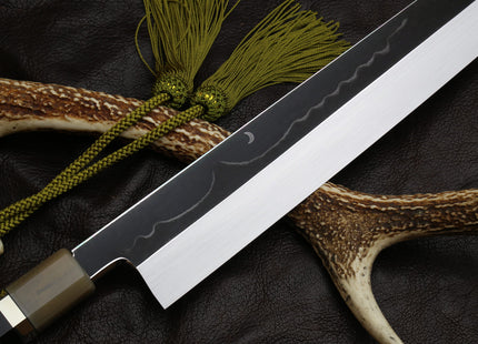 Yoshihiro Mizu Honyaki White Steel #1 Mirror Polished Mt. Fuji with Crescent Moon Kiritsuke with Oct. Ebony Triple Nickel Silver Ring Handle and Ebony Saya