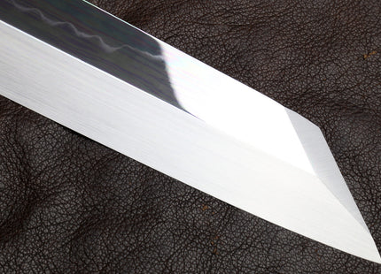 Yoshihiro Mizu Honyaki White Steel #1 Mirror Polished Mt. Fuji with Crescent Moon Kiritsuke with Oct. Ebony Triple Nickel Silver Ring Handle and Ebony Saya
