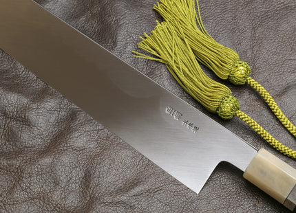 Yoshihiro Mizu Honyaki White Steel #1 Mirror Polished Mt. Fuji with Crescent Moon Kiritsuke with Oct. Ebony Triple Nickel Silver Ring Handle and Ebony Saya