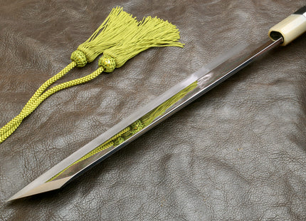Yoshihiro Mizu Honyaki White Steel #1 Mirror Polished Mt. Fuji with Crescent Moon Kiritsuke with Oct. Ebony Triple Nickel Silver Ring Handle and Ebony Saya