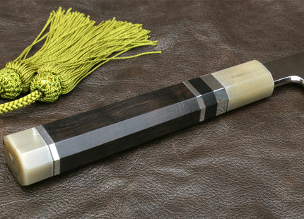 Yoshihiro Mizu Honyaki White Steel #1 Mirror Polished Mt. Fuji with Crescent Moon Kiritsuke with Oct. Ebony Triple Nickel Silver Ring Handle and Ebony Saya