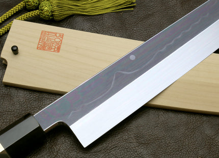 Yoshihiro Mizu Honyaki White Steel #2 Mirror Polished Mt. Fuji with Full Moon Kiritsuke with Oct. Ebony Triple Nickel Silver Ring Handle