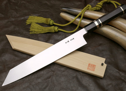 Yoshihiro Mizu Honyaki White Steel #2 Mirror Polished Mt. Fuji with Full Moon Kiritsuke with Oct. Ebony Triple Nickel Silver Ring Handle