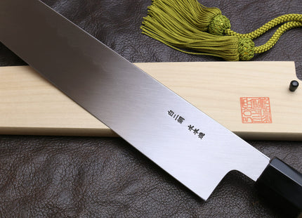 Yoshihiro Mizu Honyaki White Steel #2 Mirror Polished Mt. Fuji with Full Moon Kiritsuke with Oct. Ebony Triple Nickel Silver Ring Handle
