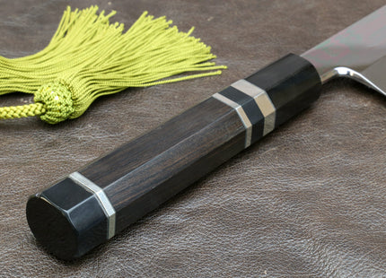 Yoshihiro Mizu Honyaki White Steel #2 Mirror Polished Mt. Fuji with Full Moon Kiritsuke with Oct. Ebony Triple Nickel Silver Ring Handle