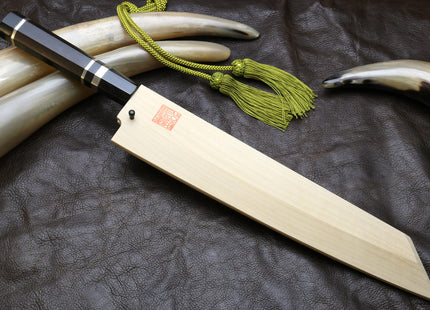 Yoshihiro Mizu Honyaki White Steel #2 Mirror Polished Mt. Fuji with Full Moon Kiritsuke with Oct. Ebony Triple Nickel Silver Ring Handle