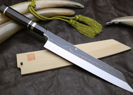 Yoshihiro Mizu Honyaki White Steel #2 Mirror Polished Mt. Fuji with Full Moon Kiritsuke with Oct. Ebony Triple Nickel Silver Ring Handle