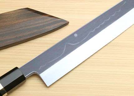 Yoshihiro Mizu Honyaki White Steel #2 Mirror Polished Mt. Fuji with Full Moon Kiritsuke with Oct. Ebony Triple Nickel Silver Ring Handle Ebony Saya